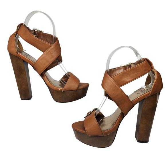 Bebe Y2k Heels Womens 7 Platform Chunky Strappy Peep Toe Brown Vintage 2000s - Picture 2 of 11